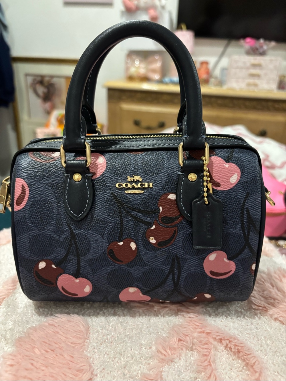 Coach Cherry Print Mini Satchel - Navy with Pink & Brown Cherries